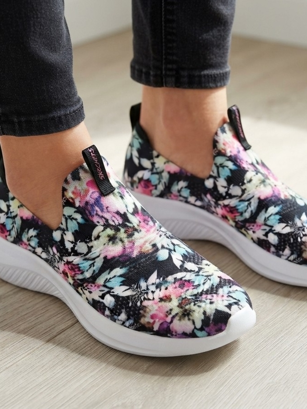 Skechers Women's Black Floral Slip-On Sneakers